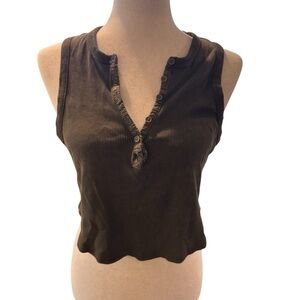 Garage Brown Ribbed Henley Tank Top